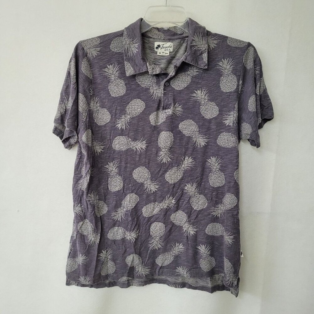 Trunks Polo Shirt Mens M Blue Grey Pinapple‎ Print Cotton/Modal Beach Surf Luau